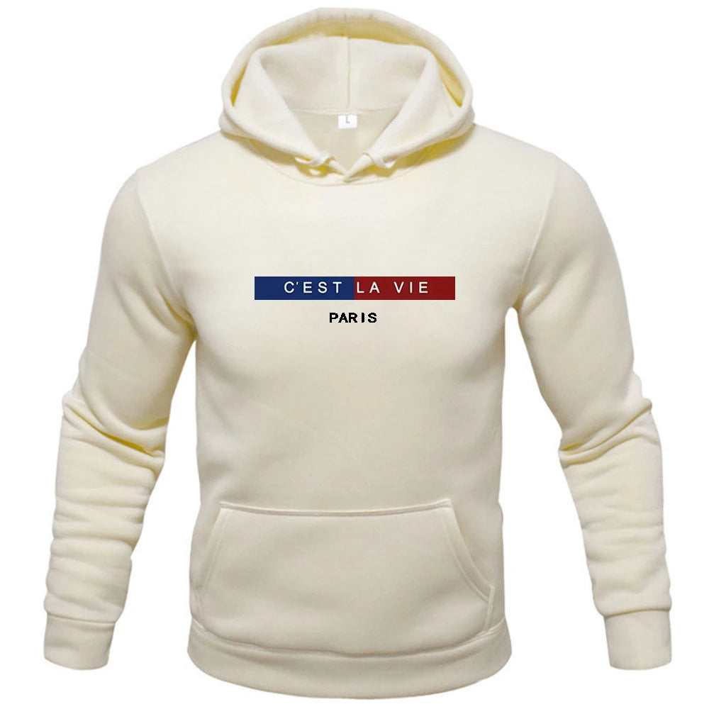 "C'EST LA VIE" PARIS Crew Neck Graphic Hoodie, Casual Hoodie, Men's Tops Fashion, Men's Spring and Autumn Clothing