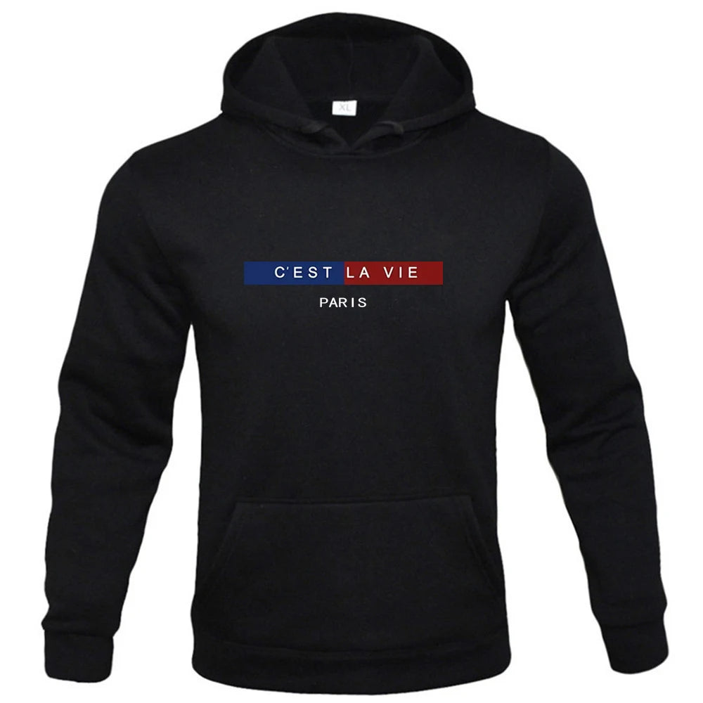 "C'EST LA VIE" PARIS Crew Neck Graphic Hoodie, Casual Hoodie, Men's Tops Fashion, Men's Spring and Autumn Clothing