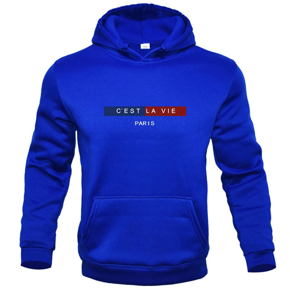 "C'EST LA VIE" PARIS Crew Neck Graphic Hoodie, Casual Hoodie, Men's Tops Fashion, Men's Spring and Autumn Clothing