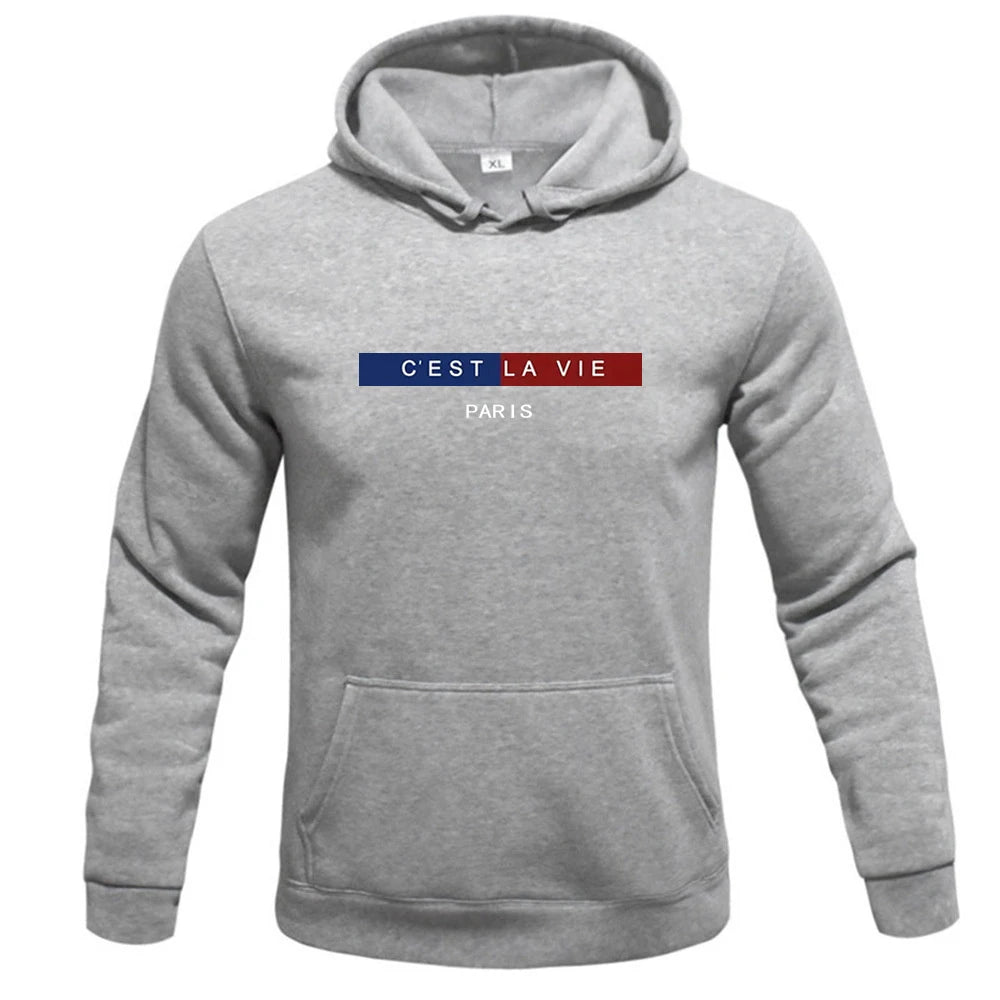 "C'EST LA VIE" PARIS Crew Neck Graphic Hoodie, Casual Hoodie, Men's Tops Fashion, Men's Spring and Autumn Clothing