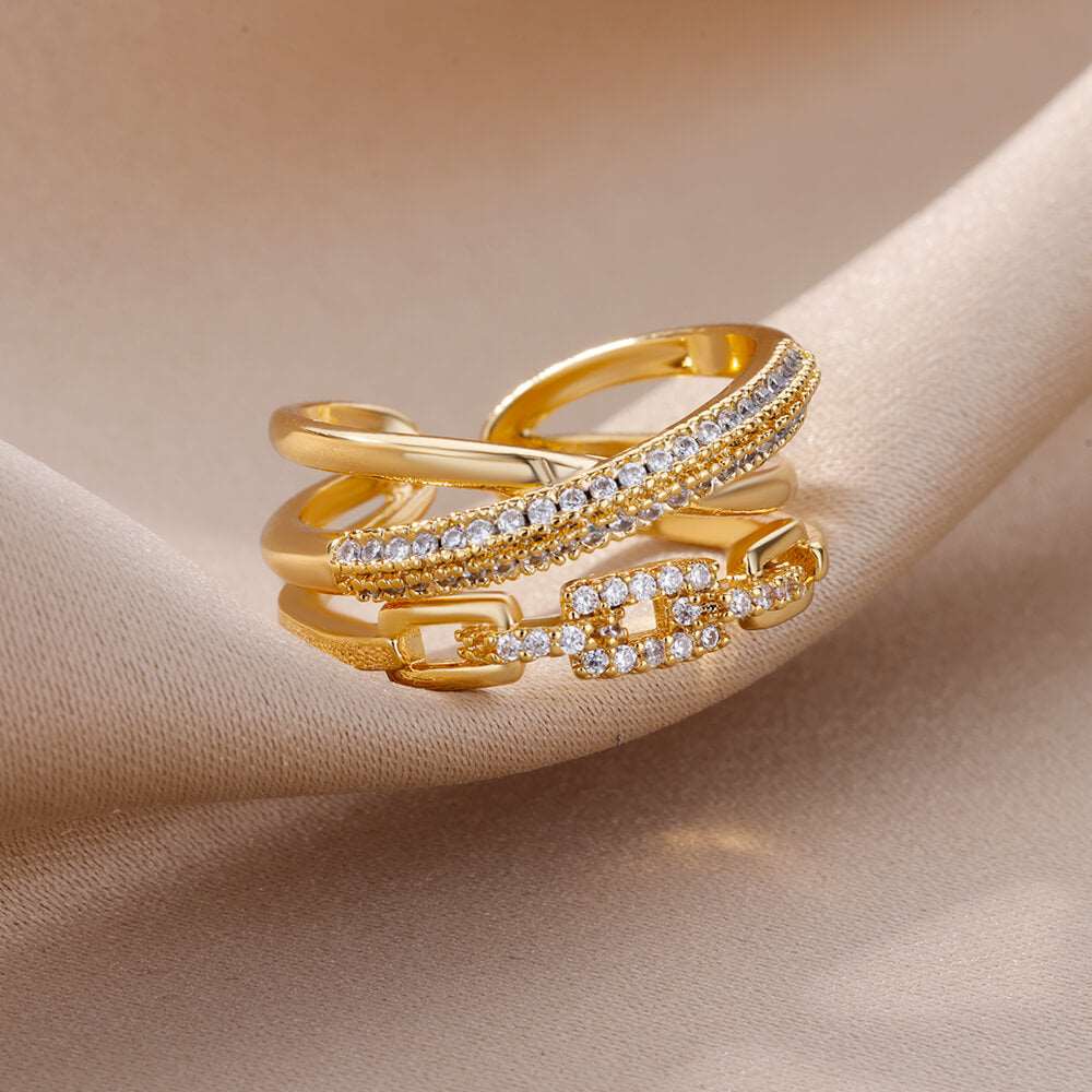 Fashion Gold Color Stainless Steel Rings For Women Chain Hollow Out Crystal Zircon Finger Ring Jewelry 2023 Gift anillos mujer